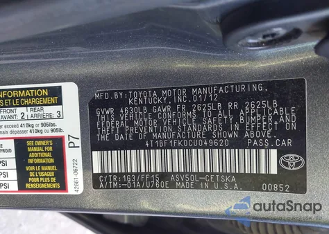2012 Toyota Camry Se from USA, damaged, VIN 4T1BF1FK0CU049620